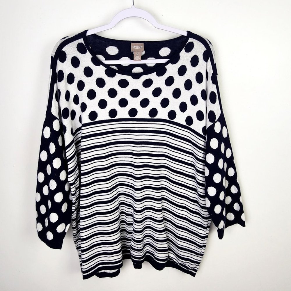 Chico's Navy and White Polka Dot and Striped Sweater Size Large Grandmacore Twee
